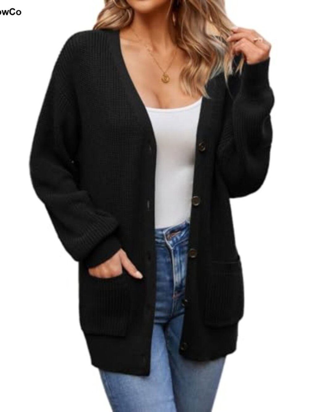 100% Cotton Cardigan Sweater Pockets Oversized Lantern Sleeve